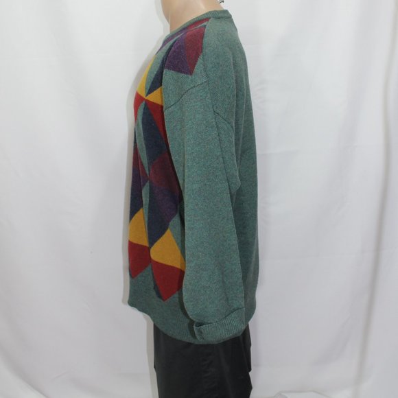VTG Buckingham Lambswool Green with Geometric Sweater Made In England  Large - Picture 2 of 9